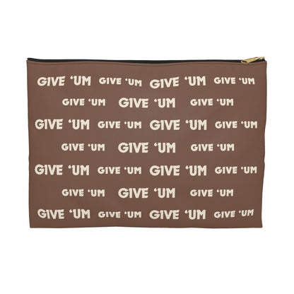 Brown pouch with 'GIVE 'UM' text pattern on a white background