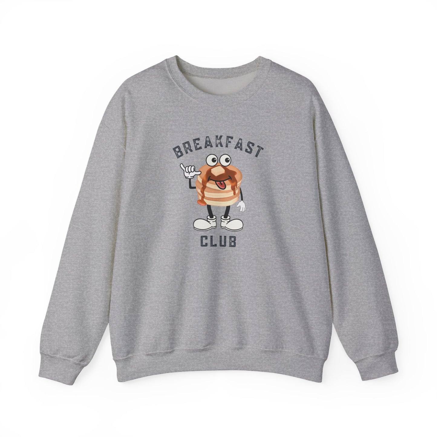 A heather grey crewneck sweatshirt featuring a cartoon graphic of a breakfast stack of pancakes character with the text 'BREAKFAST CLUB' printed on the front, displayed against a clean white background.