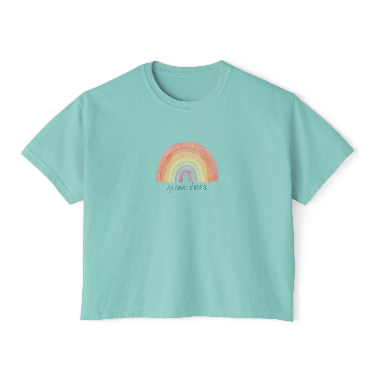 A mint green short-sleeve crop top t-shirt featuring a colorful watercolor-style rainbow graphic on the chest with the text 'ALOHA VIBES' underneath, displayed on a clean white background.