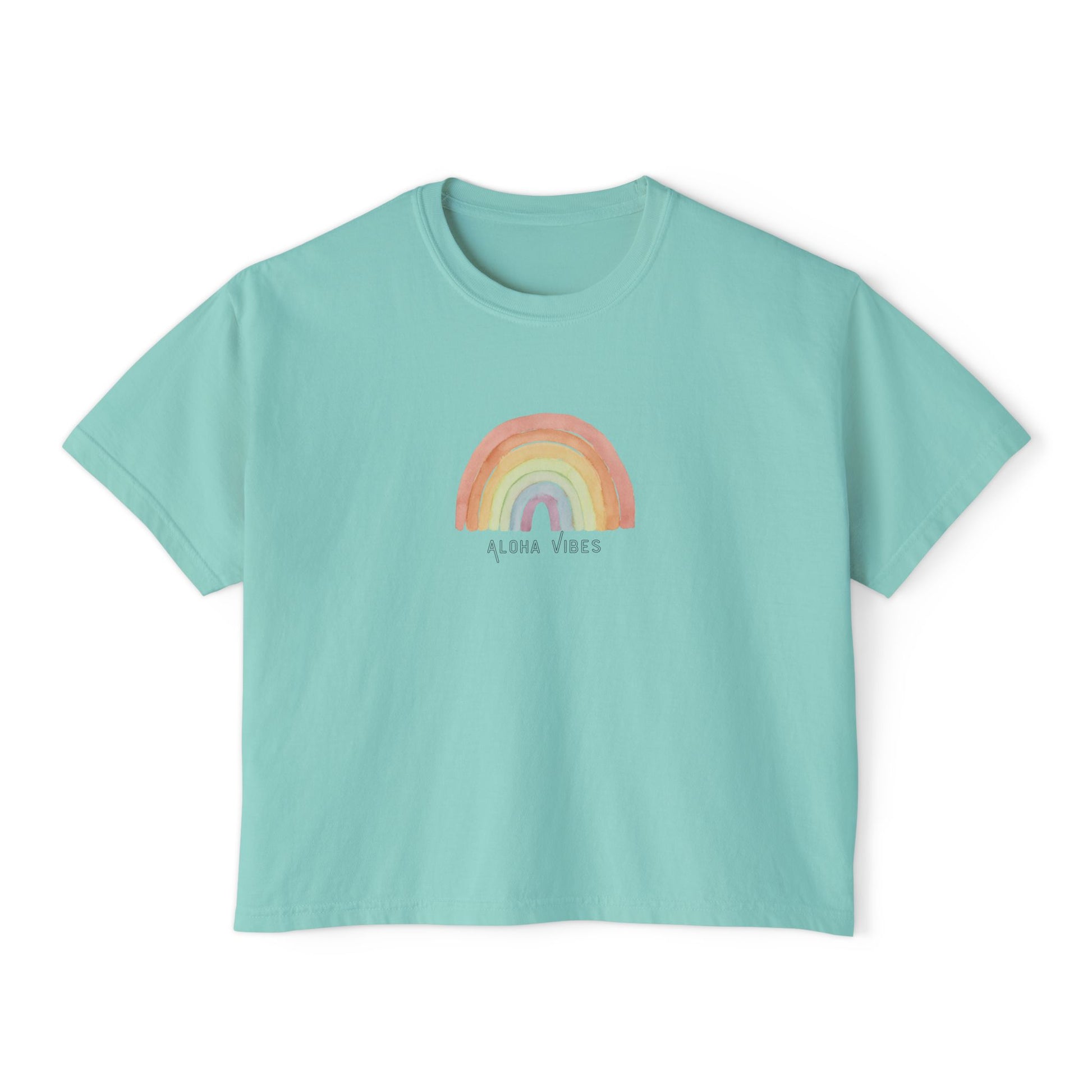 A mint green short-sleeve crop top t-shirt featuring a colorful watercolor-style rainbow graphic on the chest with the text 'ALOHA VIBES' underneath, displayed on a clean white background.