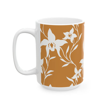 Orchid Caramel coffee mug with white tropical orchid print by Global Village Kailua