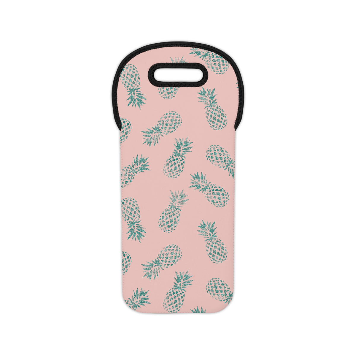 A pink neoprene wine tote featuring a repeating pattern of teal pineapples, with a black trim and a cutout handle at the top, shown on a plain white background.