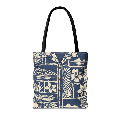 A tote bag featuring a blue and cream Hawaiian shirt print with black shoulder straps, shown against a plain white background.