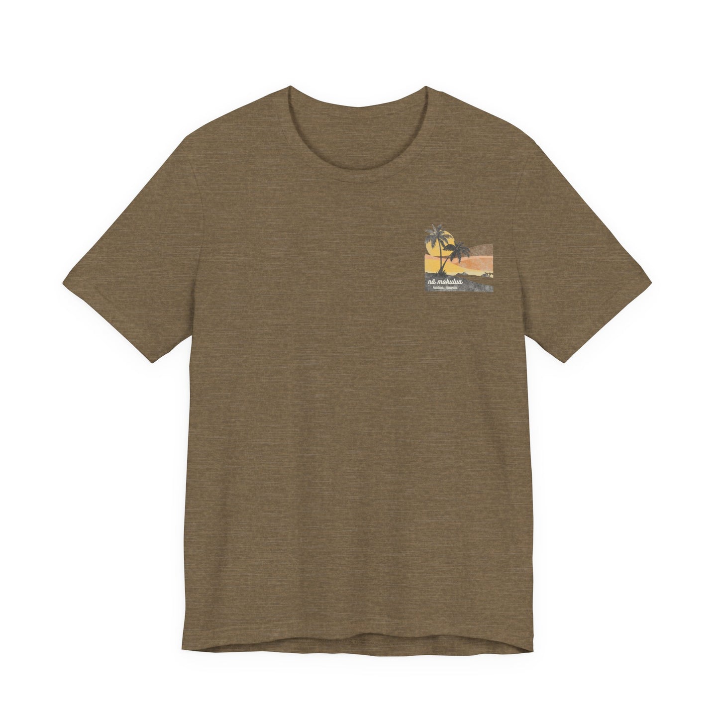 A heather olive short-sleeve t-shirt with a vintage-style graphic on the front left chest depicting two palm trees against a yellow and orange sunset, with the text 'ná makulua' and 'Kailua, Hawaii!' printed below.