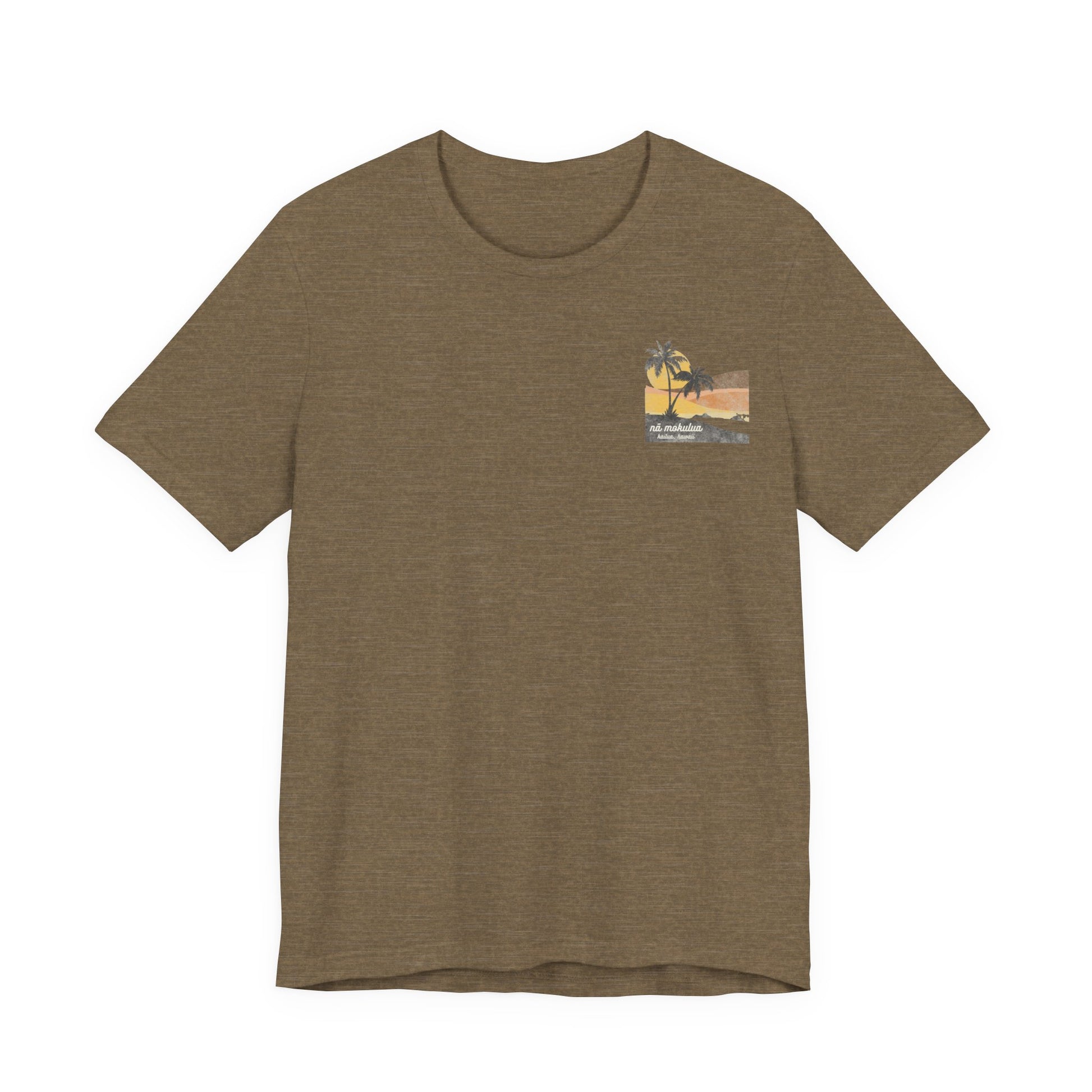 A heather olive short-sleeve t-shirt with a vintage-style graphic on the front left chest depicting two palm trees against a yellow and orange sunset, with the text 'ná makulua' and 'Kailua, Hawaii!' printed below.