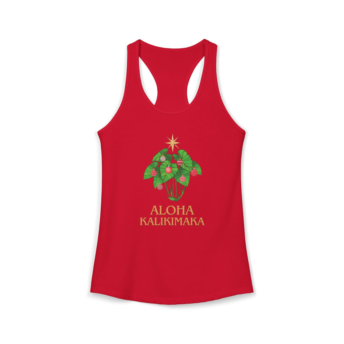Red women’s racerback Christmas tank featuring a festive kalo leaf Christmas tree and Aloha Kalikimaka design.
