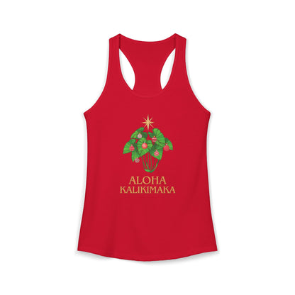 Red women’s racerback Christmas tank featuring a festive kalo leaf Christmas tree and Aloha Kalikimaka design.