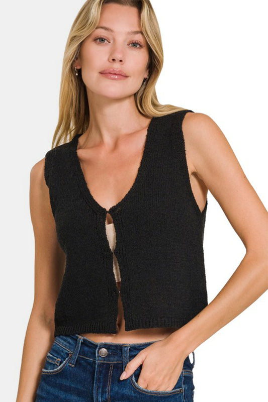 Hook and Eye Closure V-Neck Sweater Vest Black