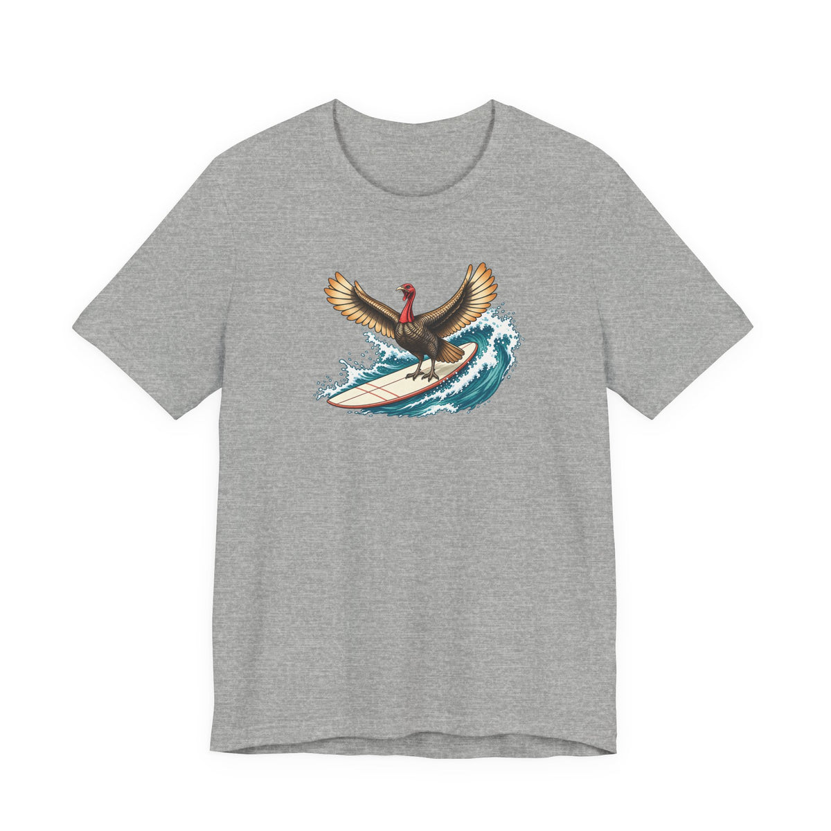 Athletic gray surfing turkey Thanksgiving T-shirt featuring a teal wave and vintage-inspired island artwork.