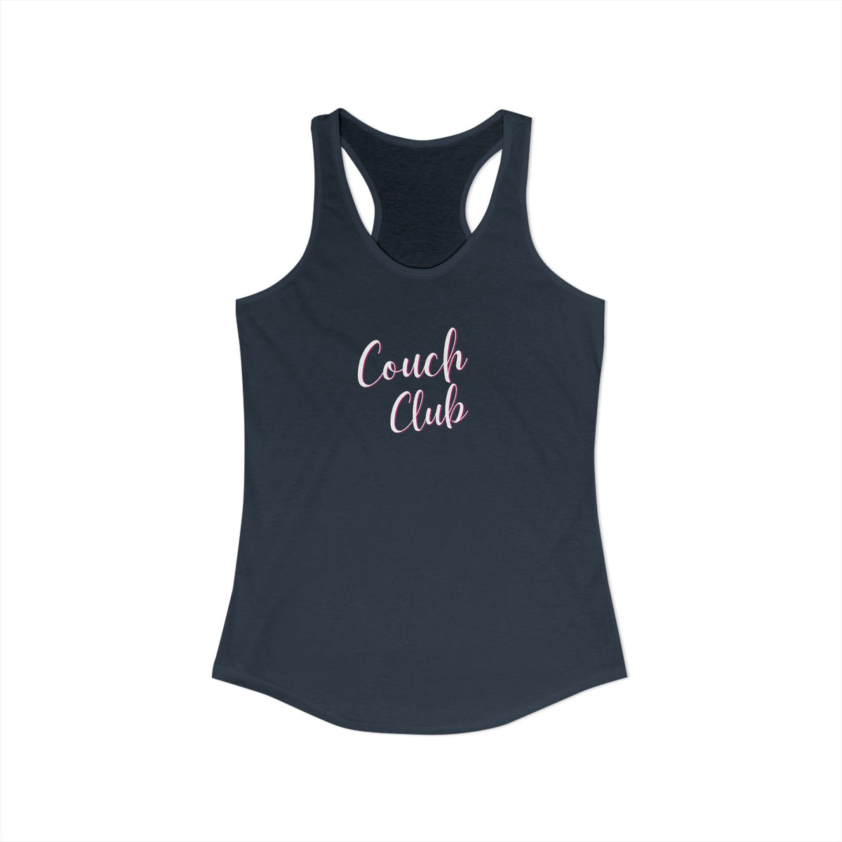 Navy tank top with 'Couch Club' text on a white background