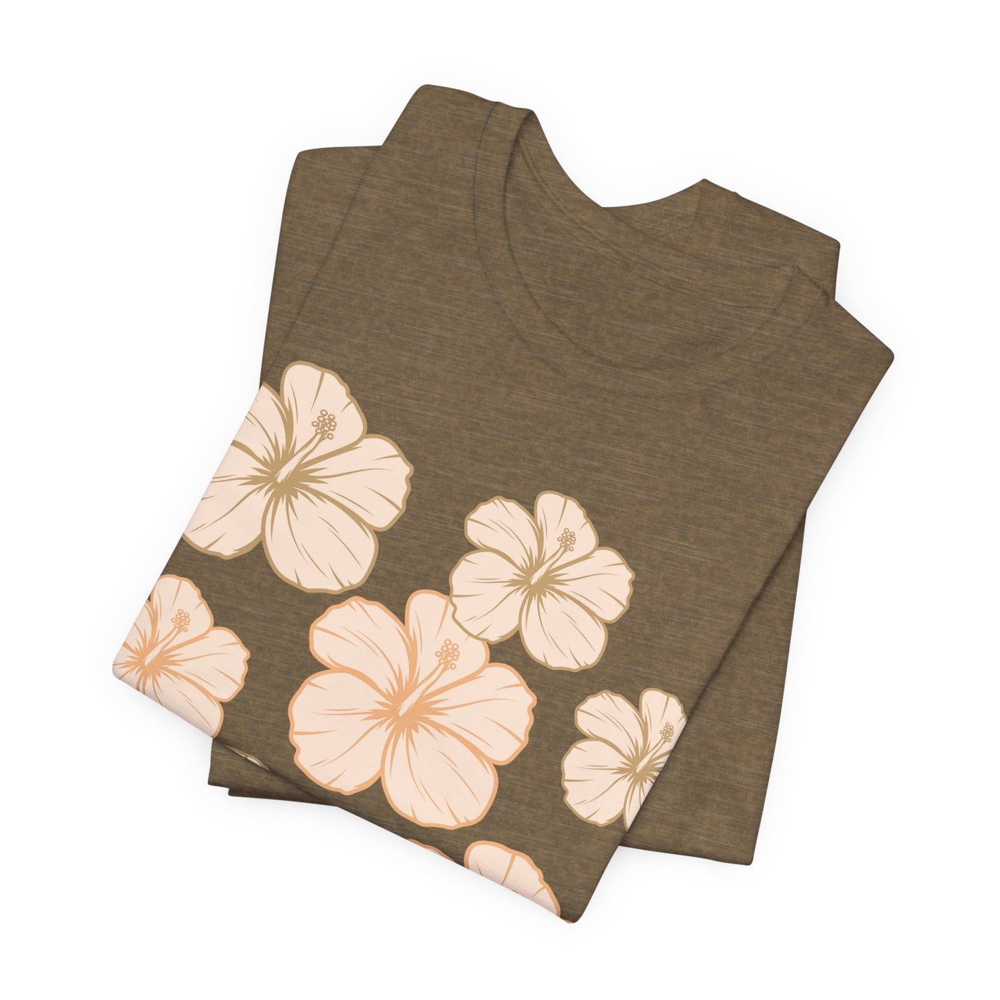 Folded olive Hibiscus All Over Graphic Tee featuring scattered tropical hibiscus flowers on a soft unisex tee inspired by island life in Hawaii.