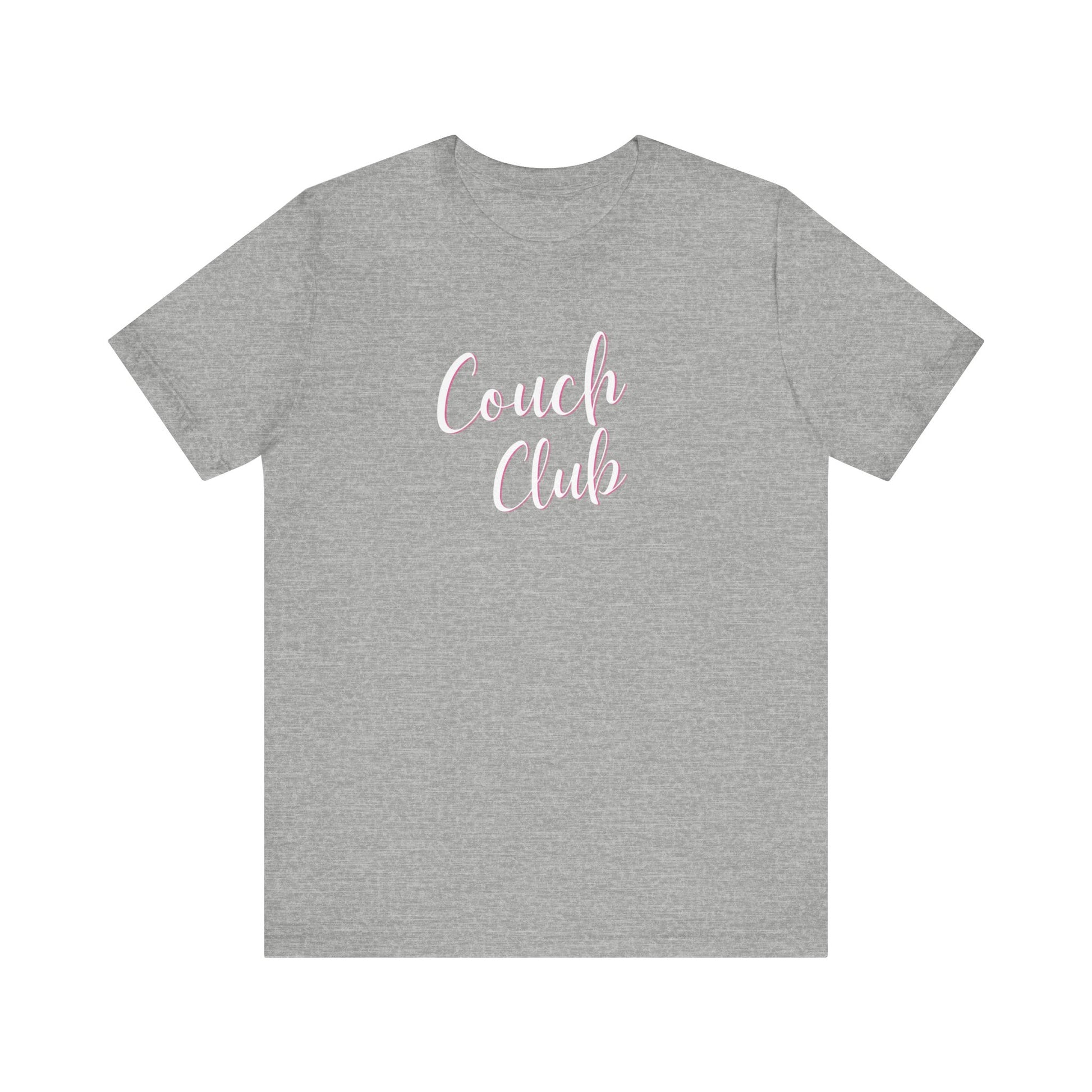 A heather gray crewneck t-shirt featuring the words 'Couch Club' printed in a pink cursive font across the chest, displayed on a solid white background.