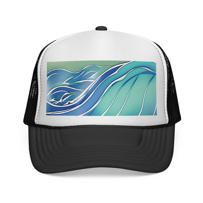 Watercolor Wave trucker hat featuring an original Hawaii-inspired watercolor wave design by Global Village Kailua.