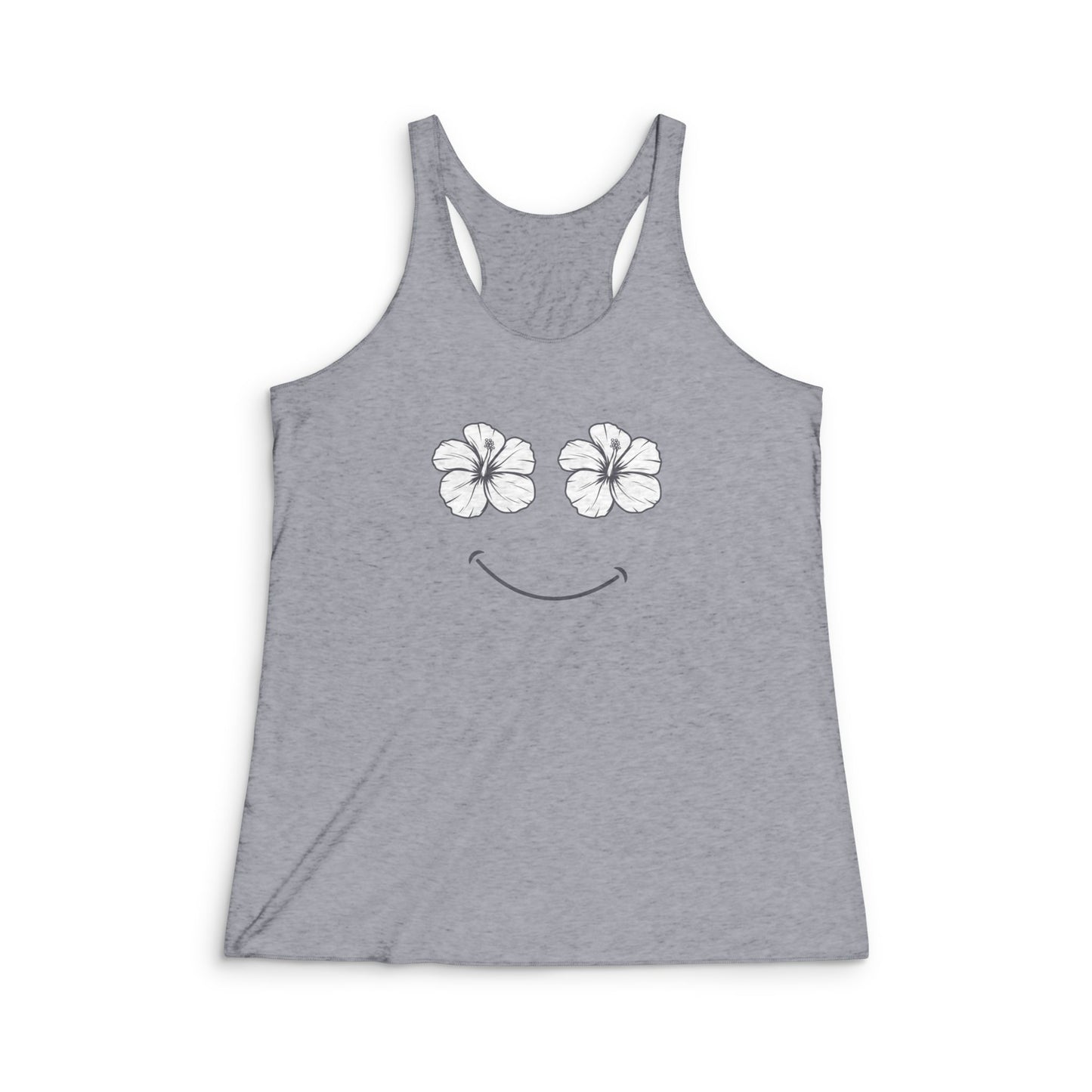 A heather gray racerback tank top featuring a white graphic of two hibiscus flowers forming eyes and a curved smile on the chest, displayed against a plain white background.
