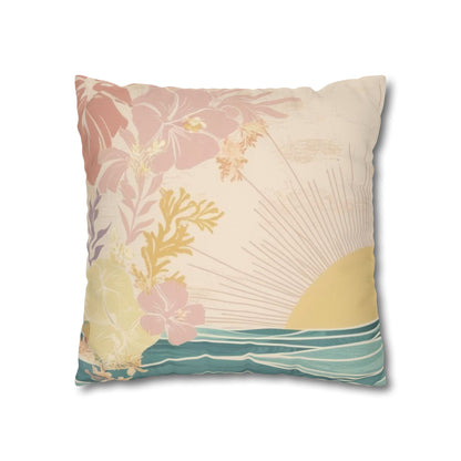 A square decorative throw pillow featuring a retro-inspired tropical sunset design with pink hibiscus flowers, a yellow sunburst, and teal ocean waves on a cream background.