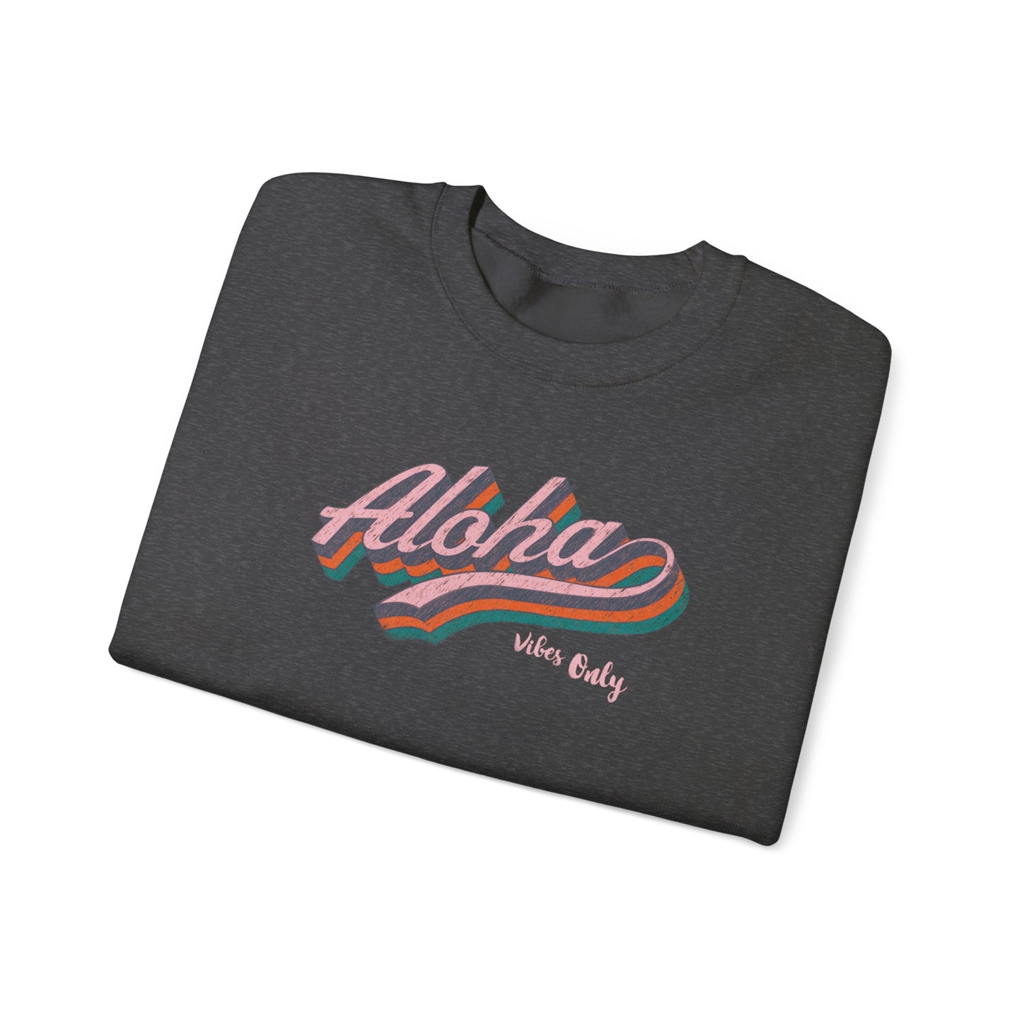 A folded dark heather gray t-shirt with a retro-style 'Aloha Vibe's Only' graphic in pink, orange, and teal, displayed on a clean white background.