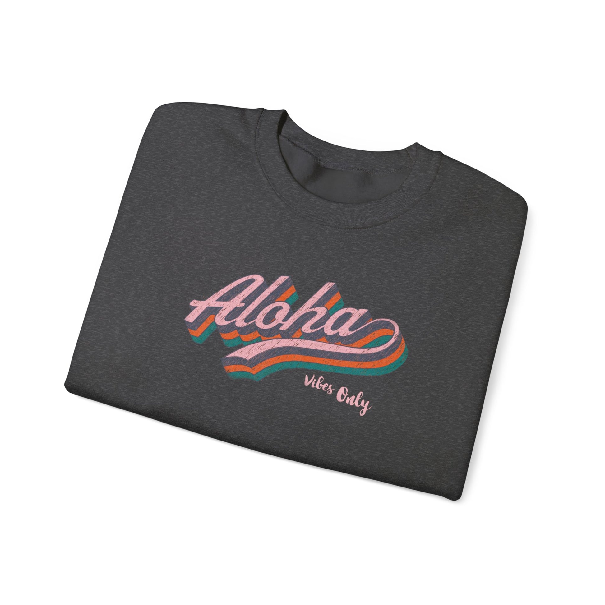 A folded dark heather gray t-shirt with a retro-style 'Aloha Vibe's Only' graphic in pink, orange, and teal, displayed on a clean white background.