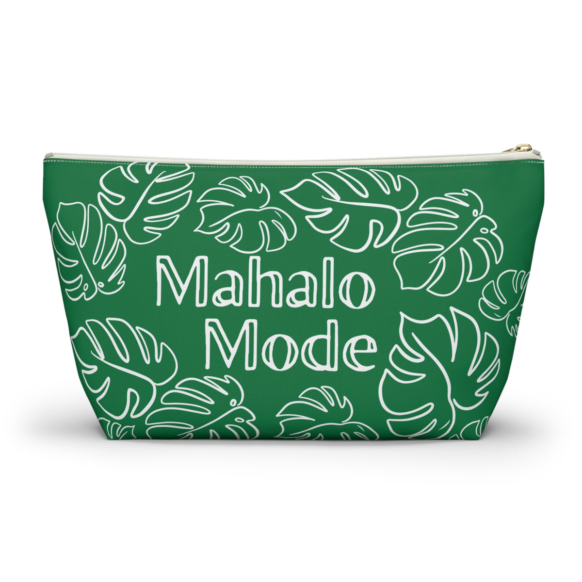 A green cosmetic pouch with a white monstera leaf pattern and the words 'Mahalo Mode' printed in white on the front, shown on a clean white background.