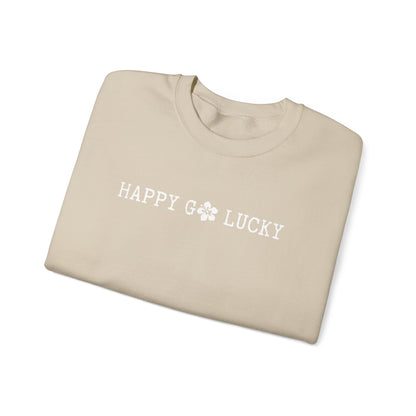 Beige t-shirt with 'HAPPY GO LUCKY' text on a white background