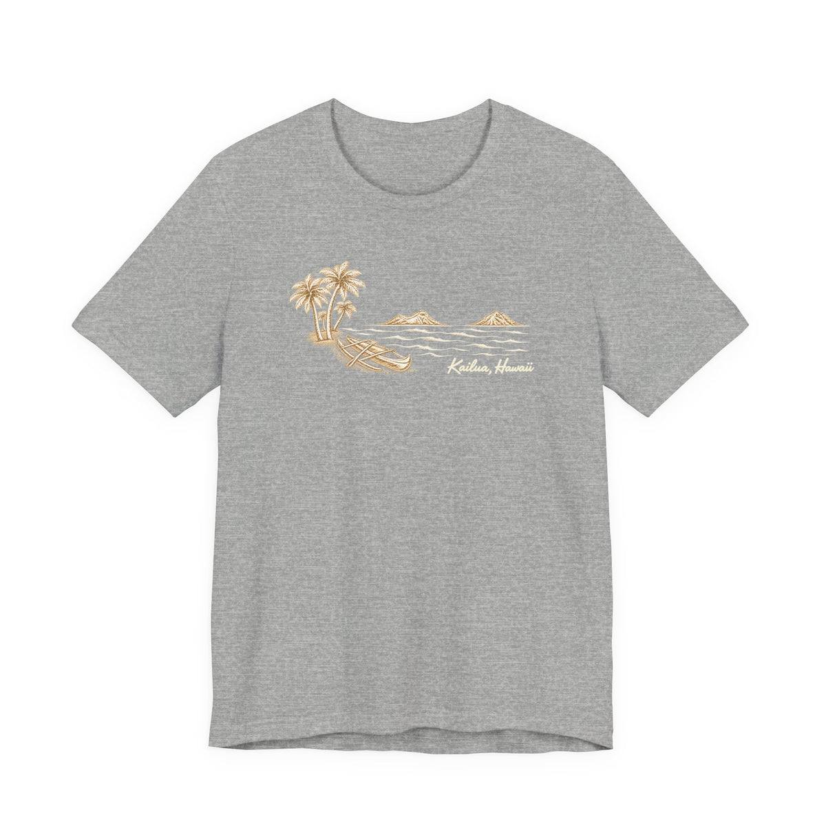 Athletic Heather unisex graphic tee with hand-drawn Kailua canoe, palm trees and Mokulua Islands artwork