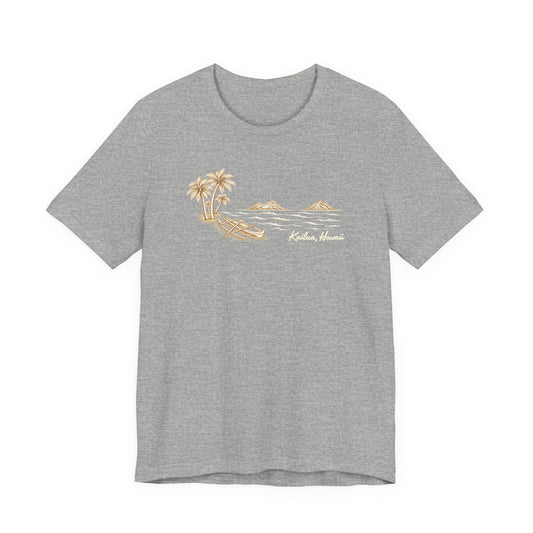 Athletic Heather unisex graphic tee with hand-drawn Kailua canoe, palm trees and Mokulua Islands artwork