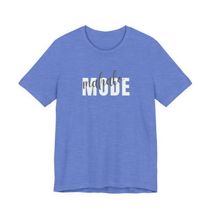 A heather blue short-sleeve t-shirt with 'mahalo MODE' printed across the chest in white and black script, shown on a plain white background.