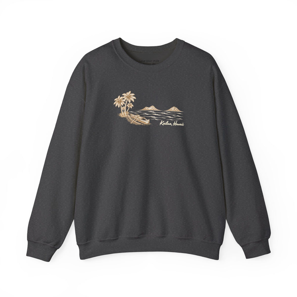 Reverse hand-drawn Kailua canoe and Mokulua Islands dark grey unisex sweatshirt with ivory and tan artwork