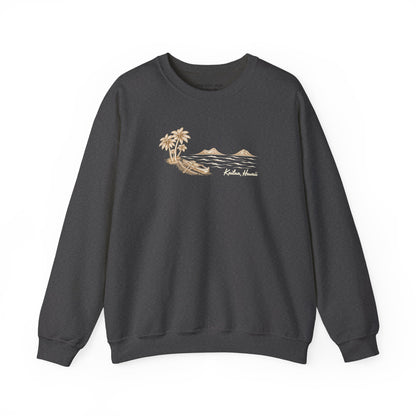 Reverse hand-drawn Kailua canoe and Mokulua Islands dark grey unisex sweatshirt with ivory and tan artwork