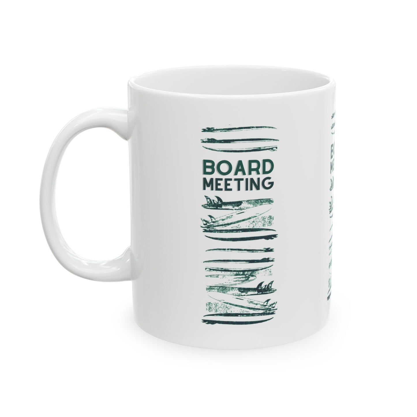 A white ceramic mug with a dark green graphic print featuring the text 'BOARD MEETING' above a stylized stack of stacked boards, shown on a plain white background.
