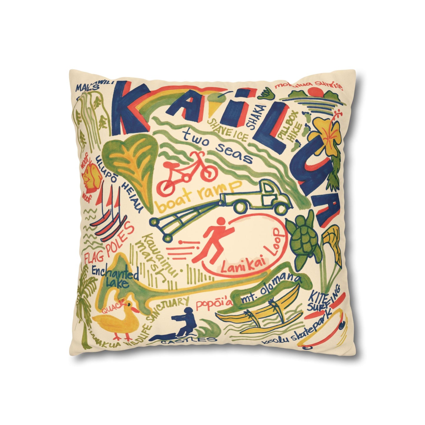 Decorative faux suede throw pillow cover featuring an original hand-drawn illustration of Kailua, Hawaii landmarks, beaches, surfing, paddling, turtles, and island icons.