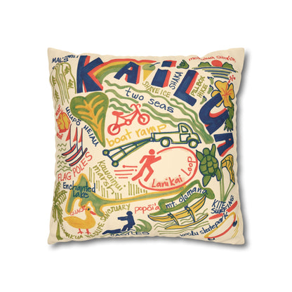 Decorative faux suede throw pillow cover featuring an original hand-drawn illustration of Kailua, Hawaii landmarks, beaches, surfing, paddling, turtles, and island icons.