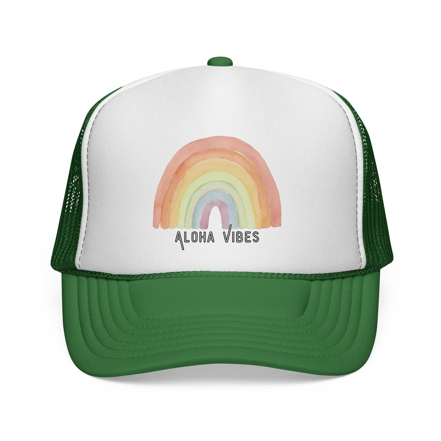Green and white trucker cap with a rainbow and 'Aloha Vibes' text on a white background