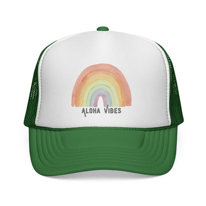 Green and white trucker cap with a rainbow and 'Aloha Vibes' text on a white background