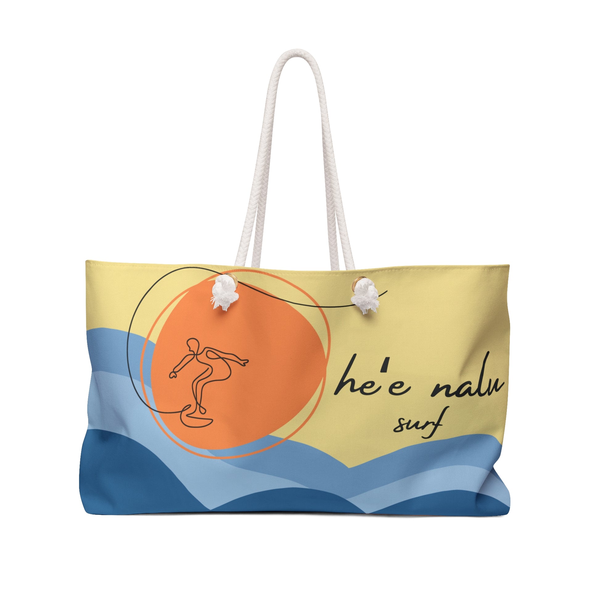 Oversized Surf Sketch weekender bag with rope handles featuring an original Hawaii-inspired surf design for beach days and travel.