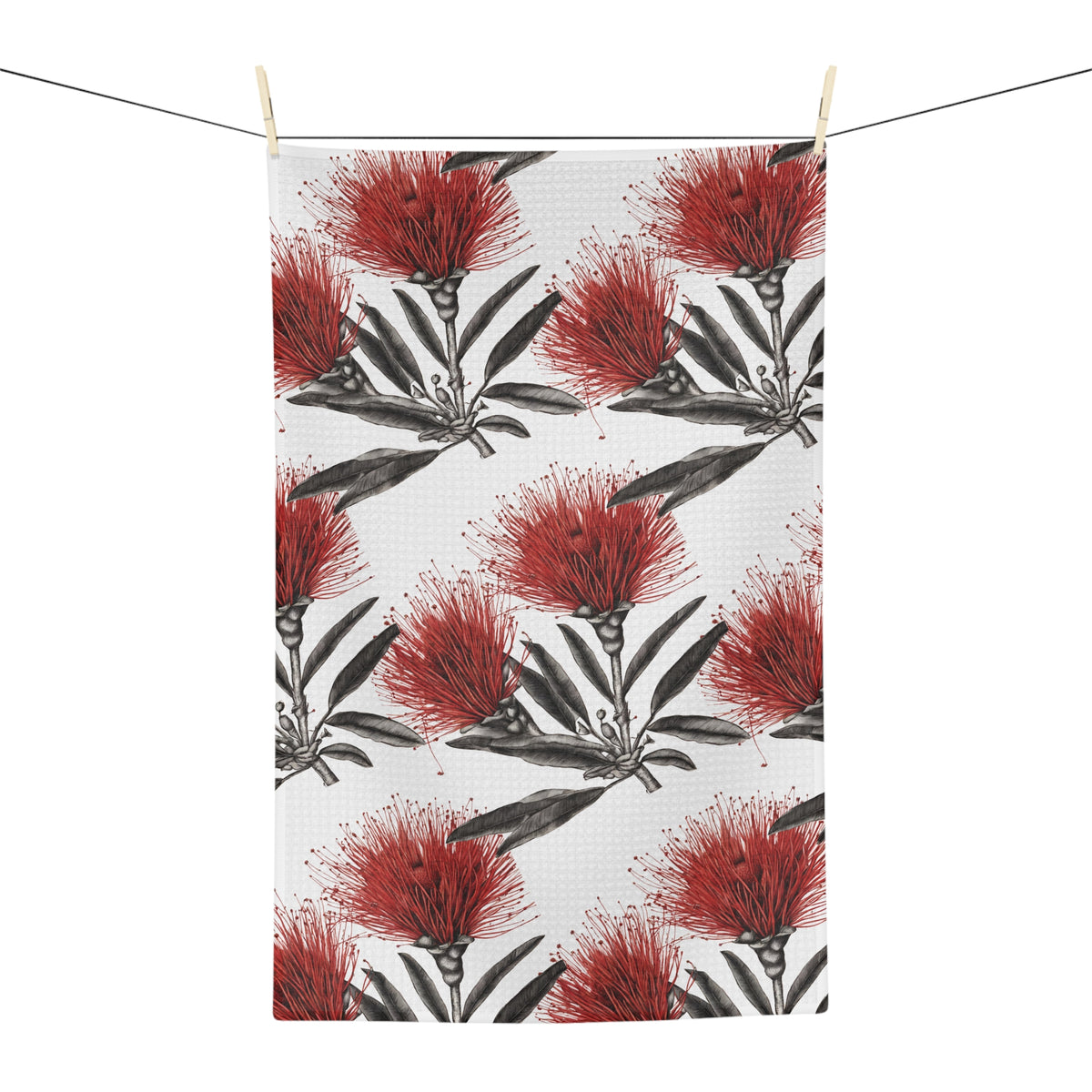 Red ʻŌhiʻa Lehua Kitchen Towel — Hawaiian Floral Sketch