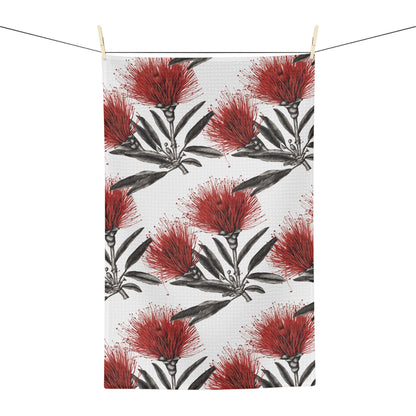 Red ʻŌhiʻa Lehua Kitchen Towel — Hawaiian Floral Sketch