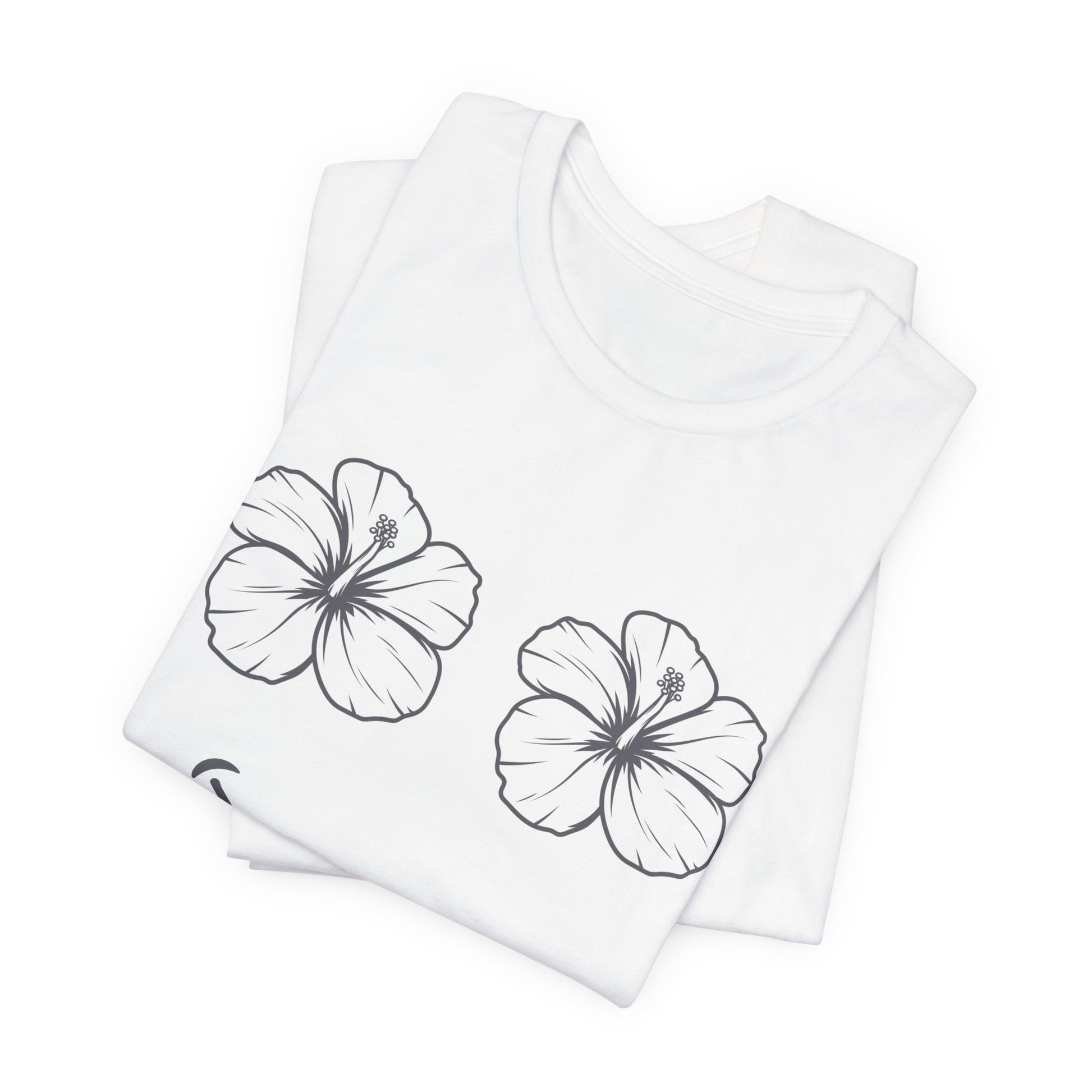 A folded white short-sleeve t-shirt with two black line-art hibiscus flowers printed on the front, displayed on a clean white background.