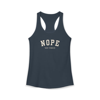 Navy tank top with 'NOPE NOT TODAY' text on a white background