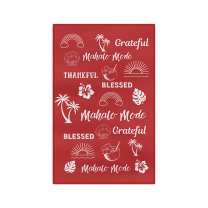 Red Mahalo Mode kitchen towel with thankful grateful blessed and tropical island motifs