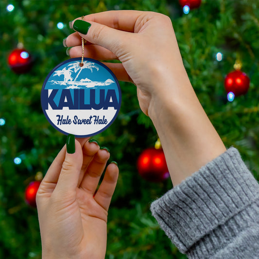 Blue and white Kailua Hale Sweet Hale ceramic ornament featuring palm trees and the Mokulua islands.