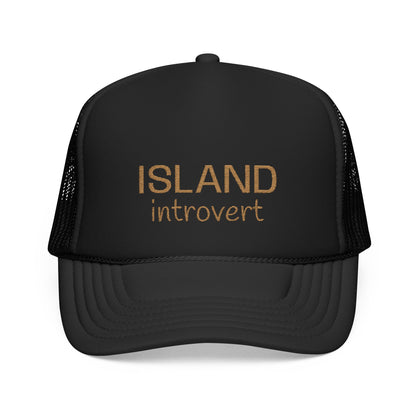 Black trucker hat with tan embroidery 'island introvert'
