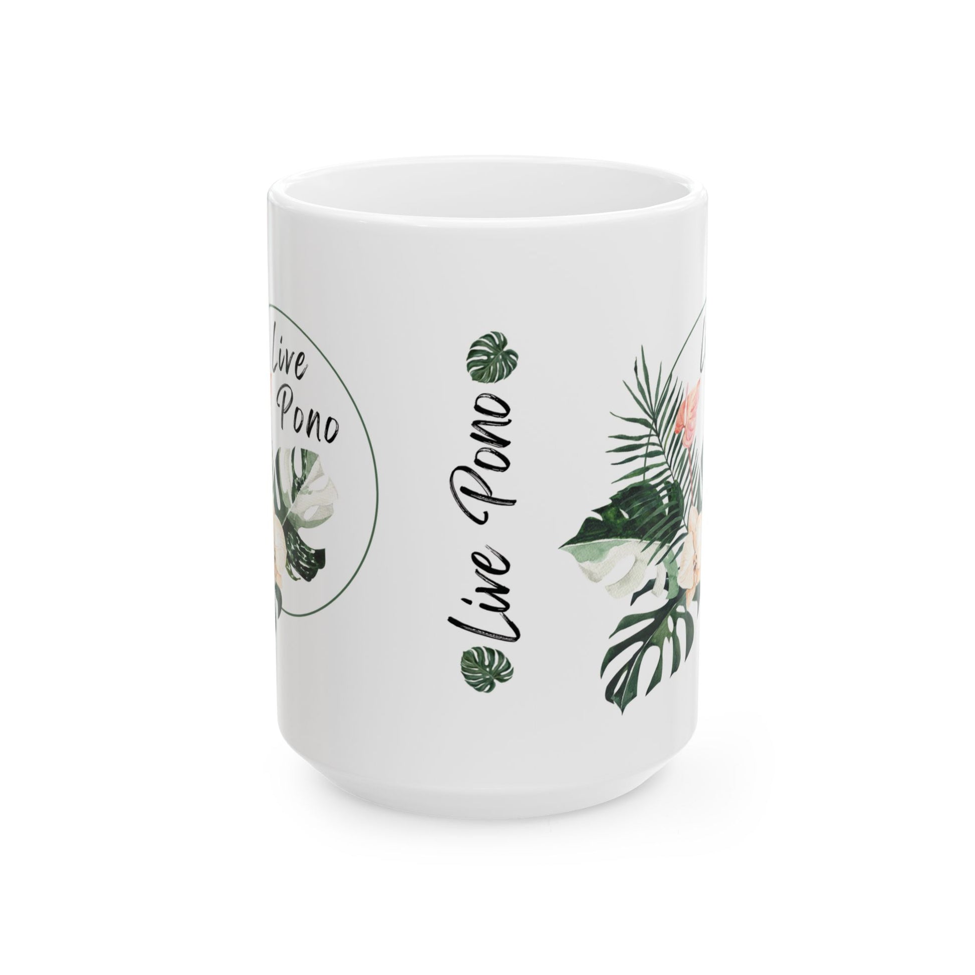 A white ceramic mug featuring tropical botanical illustrations and the text 'Live Pono' in black script, shown on a clean white background.