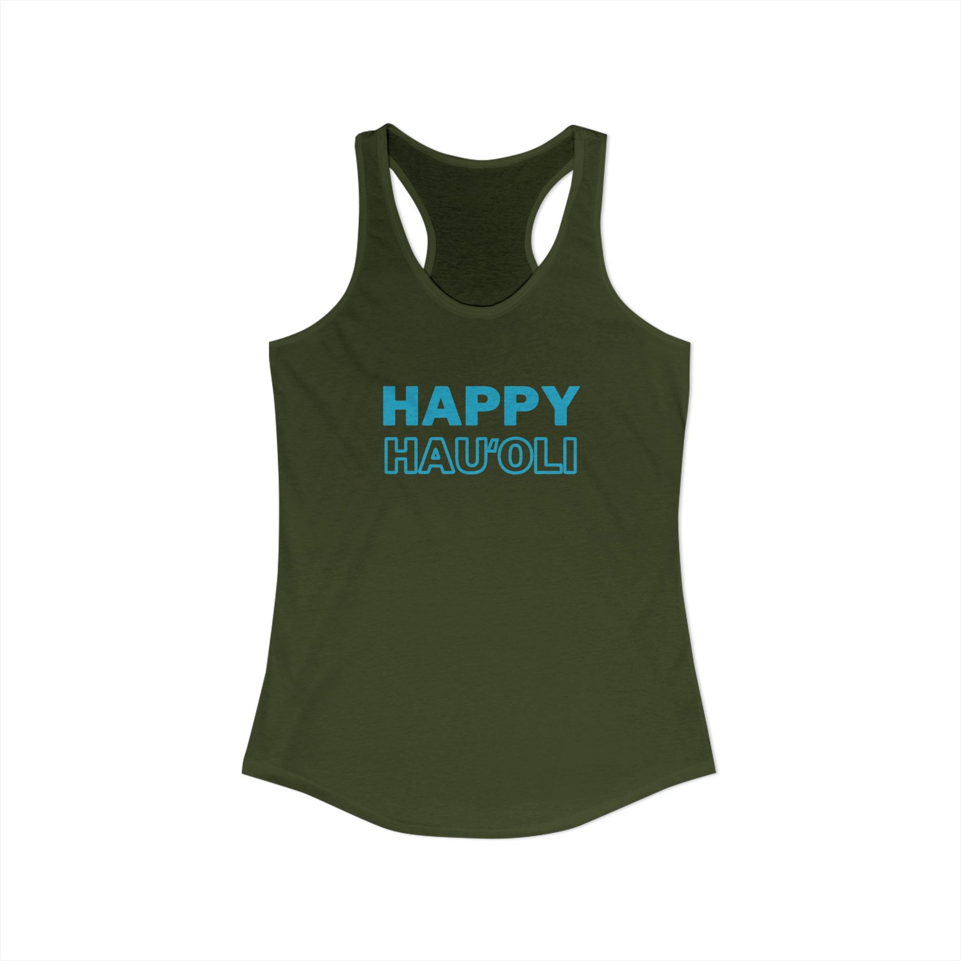 Olive green tank top with 'HAPPY HAU'OLI' text on a white background
