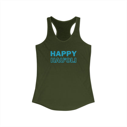 Olive green tank top with 'HAPPY HAU'OLI' text on a white background