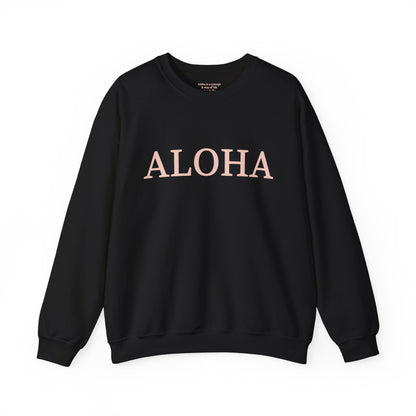 Black sweatshirt with text 'ALOHA' in light pink
