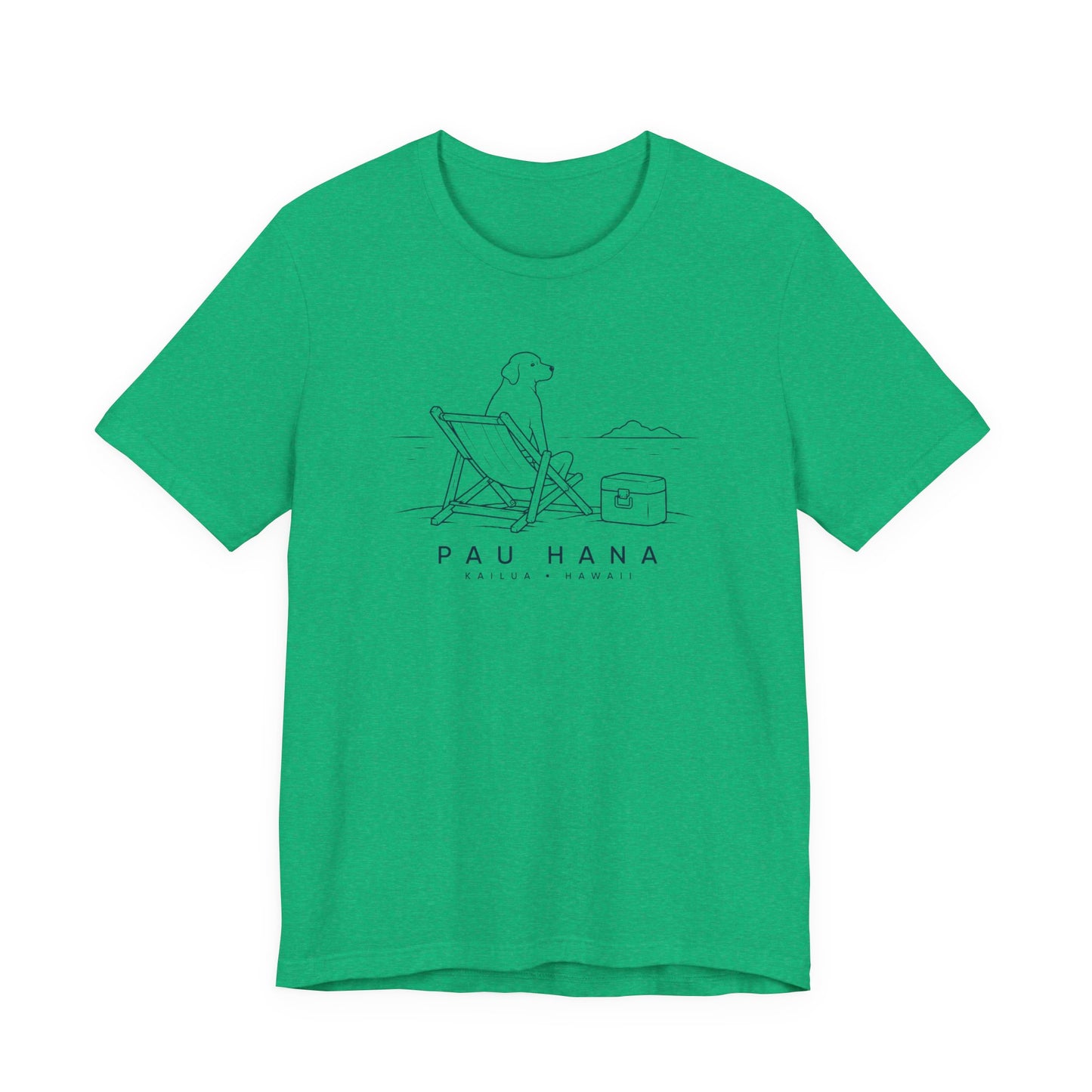 Green t-shirt with a graphic design and 'PAU HANA' text on a white background