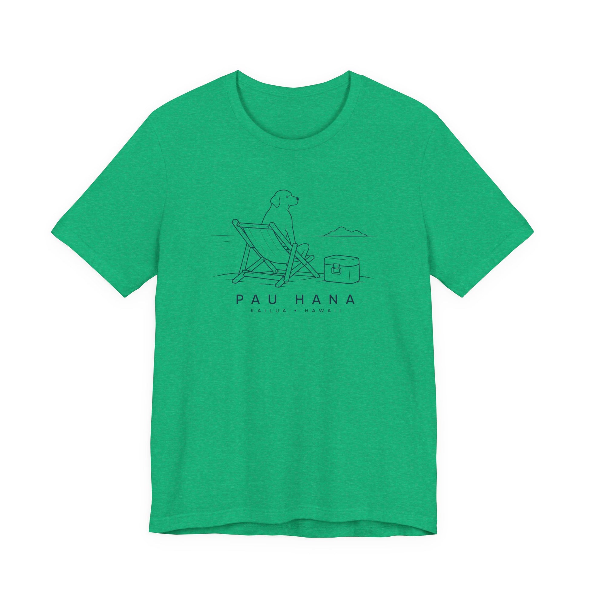 Green t-shirt with a graphic design and 'PAU HANA' text on a white background