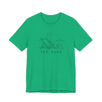 Green t-shirt with a graphic design and 'PAU HANA' text on a white background