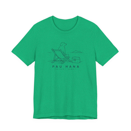 Green t-shirt with a graphic design and 'PAU HANA' text on a white background