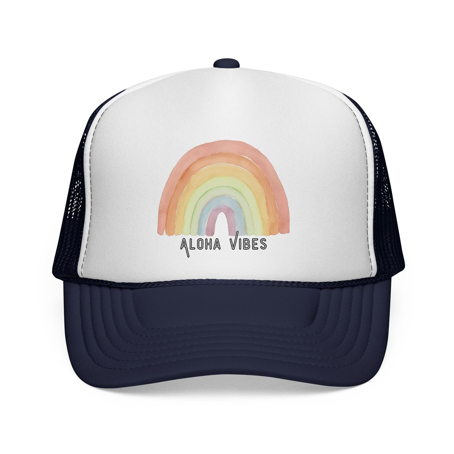 Trucker hat with a rainbow and 'Aloha Vibes' text on a white background